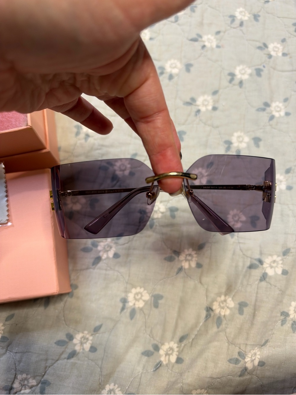 Miu Miu Purple Gradient Rimless Rectangular Sunglasses with Gold Bridge - Picture 3 of 7